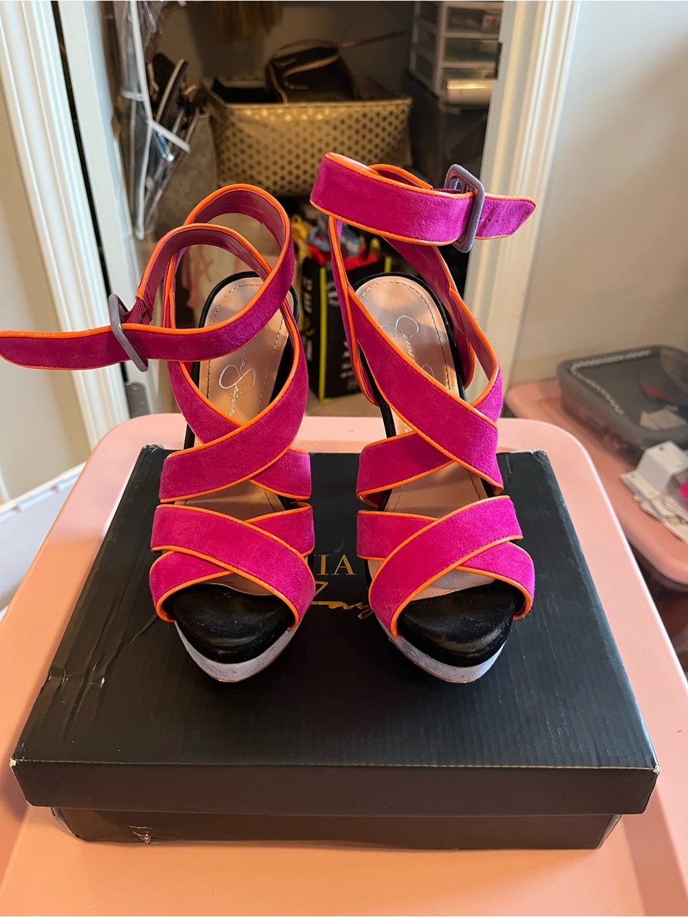 Jessica Simpson Pink Suede Strappy Platform Heels with Orange Trim